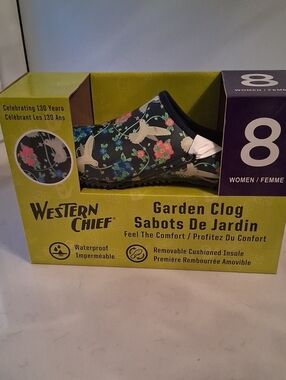 Western Chief Black Floral Garden Clog with Cream Bird Accents - Women's 8